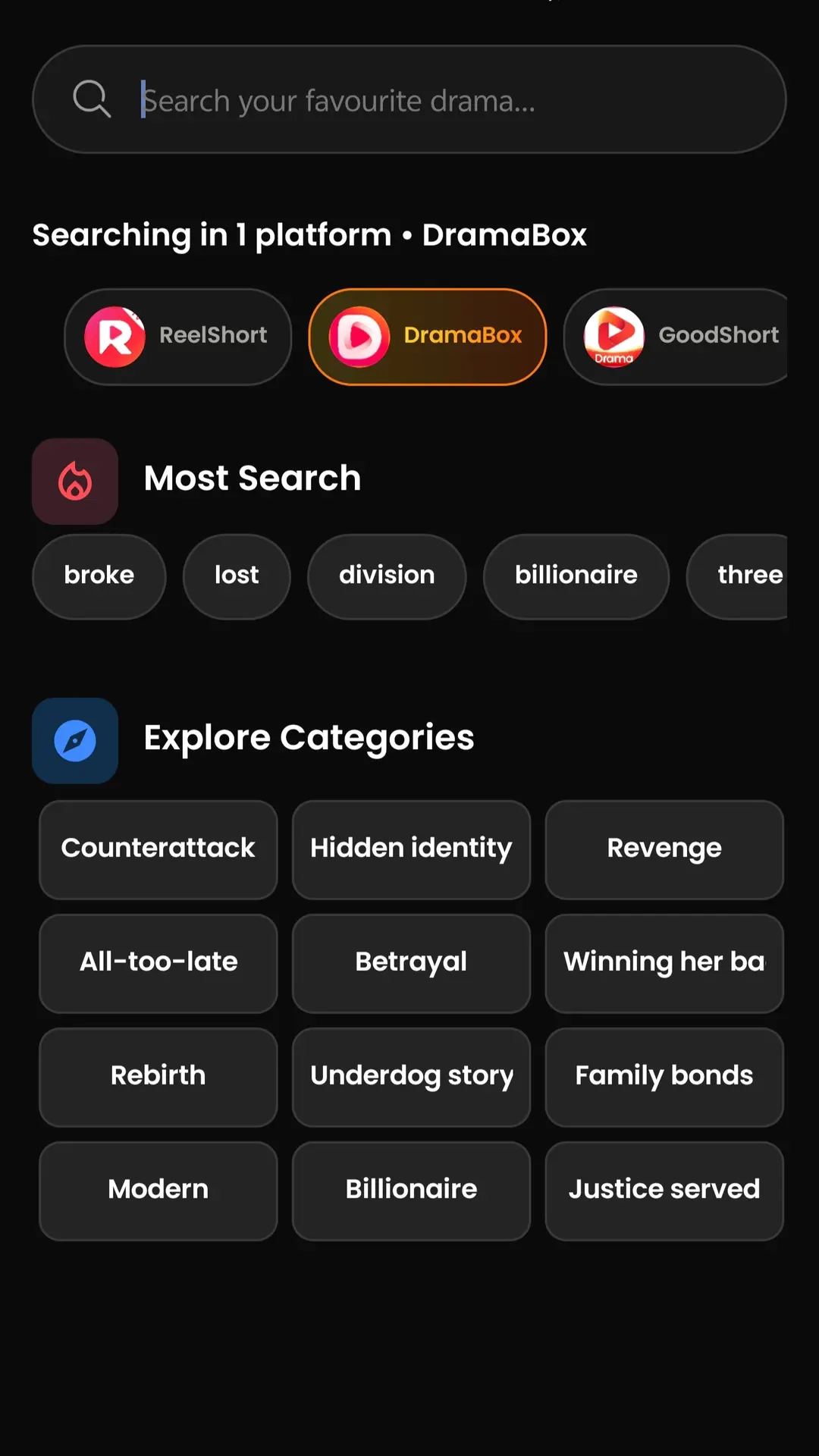 Bida Reels search categories